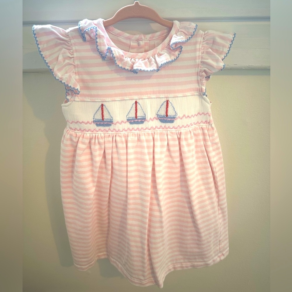 Charming Pink Striped Smocked Kids Dress with Sailboat Embroidery